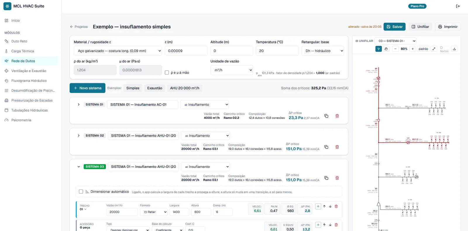 Tela do dimensionamento de rede de dutos com a lista de trechos e o diagrama unifilar