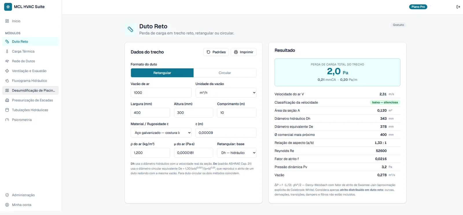 Calculadora de duto reto com os resultados de velocidade e perda de carga